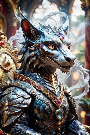 A surreal double exposure shot: A majestic dragon's head rises from a swirling mist, its scales glistening like polished gemstones. In the foreground, a regal cat monarch sits atop a throne, surrounded by ornate jewels and tapestries. The camera captures both subjects in crisp focus, with subtle depth cues guiding the viewer's eye. The 8K resolution renders every whisker, scale, and fiber with hyper-realistic precision, as if the scene is unfolding before us.