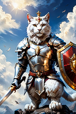 A striking digital artwork featuring a valiant silver cat, defying gravity while standing tall against a deep blue sky. The cat holds a gleaming sword and shield in its paws, reflecting its courage, determination, and combat skills. Atop the shield, a majestic golden helmet with feathers stands proudly, highlighting the cat\'s noble and knightly lineage. A golden crown rests above the helmet, emphasizing the cat-knight\'s power, dignity, and leadership qualities.\n\nSurrounding the shield, two powerful and regal silver lions stand guard on either side, showcasing their unwavering strength and support for their fearless comrade. This captivating and cinematic image is a breathtaking blend of vibrant colors, conceptual art, and dark fantasy elements, evoking a sense of wonder and awe. The overall composition is a stunning 3, dark fantasy, photo, painting, cinematic, 3d render, illustration, conceptual art, vibrant, poster, product