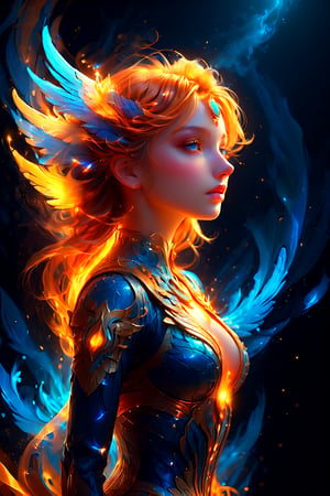 A captivating digital art piece featuring a mysterious figure with their face purposefully hidden. The figure boasts intricately detailed, swirling hair in shades of blue and white, creating an impression of stylized waves. Behind the figure's head, there is a glowing, circular element reminiscent of a halo, with a bright orange color that contrasts with the cool tones of the hair. A wing-like structure, resembling feathers or a similar texture, glows with an orange-yellow hue and extends from one side of the figure. The dark background emphasizes the figure and its radiant elements. The central part of the face is deliberately blurred for reasons of privacy or artistic intent. This visually stunning image evokes dark fantasy, vibrant colors, and a cinematic feel, suitable for a poster, painting, or conceptual art piece.