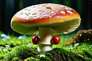 masterpiece, best quality, anthropomorphic fly agaric interior style, grandfather mushroom with a hat like fly agaric, decrepit face, big red eyes, green hair, graceful drawing of details, beautiful, aesthetics, fantasy style
