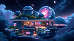 An illustration of a spherical hotel in orbit called "Cosmic Retreat." The hotel has transparent walls that showcase the starry sky. Inside the hotel, there are anti-gravity beds floating in serene cabins. There is a lush zero-gravity garden with bioluminescent plants. There are flowing display screens mapping the cosmos. There are panoramic observation decks for meteor showers. There is a unique "space menu" in a futuristic cafe. The hotel uses eco-friendly technology to recycle water and air. There are immersive virtual tours to distant planets.,vibrant painting,noc-isometric