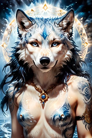 In this breathtakingly detailed piece, a tattooed girl stands at the center, bathed in an ethereal aura that seems to emanate from her very pores. Framing her is the majestic visage of a wolf, its blue fur glistening like polished steel or oil-slicked water. The eyes of the wolf burn with an inner light, radiating magical power and intensity. The artist's skillful brushstrokes evoke a three-dimensional quality, as if the wolf's fur might ripple in the air if disturbed. The tattooed girl appears serene amidst this mystical backdrop, her features illuminated by the soft glow that surrounds her like a halo.