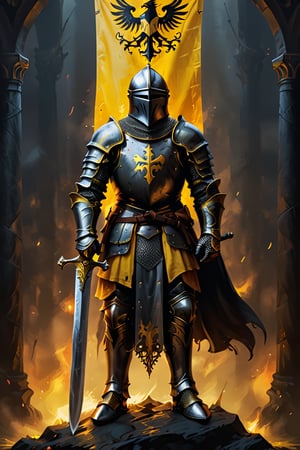 A captivating and detailed illustration of a medieval knight, clad in black and yellow armor, standing proudly with his massive sword held vertically before him. The banner "DEUS VULT" is firmly planted beneath his feet, symbolizing his unwavering devotion and purpose. This stunning artwork exudes historical authenticity, showcasing the essence of warriors, medieval themes, and the legendary aura of knights and their mottos. The vibrant color palette of black, yellow, and gold creates a dark fantasy atmosphere that would be perfect for discussions, posters, paintings, or conceptual art projects. The image's rich details and dynamic composition 