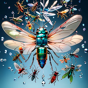 A stunning shot frames a mesmerizing composition of glass insects suspended in mid-air, bathed in soft, diffused light. The transparent wings and bodies of moths, dragonflies, and beetles refract the light, casting delicate shadows and amplifying their ethereal beauty. Every detail is worked with precision, as if frozen in weightlessness. The camera captures the intricate edges and fine details of these glass creations, drawing the viewer into their surreal, magical realm.