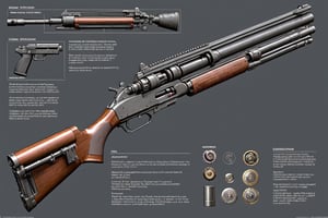 A detailed diagram of a revolving shotgun is presented, showing its various parts and mechanisms. The gun is shown in section, the barrel and other components are clearly visible. Displays of used ammunition