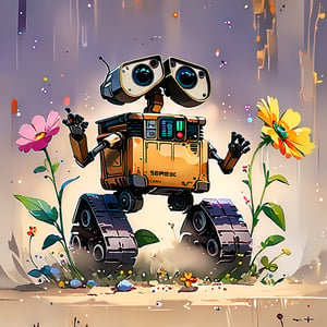 A whimsical still-life captures the tender moment: a WALL-E inspired robot, with expressive large eyes, holds out a small flower as a symbol of friendship and care. The metal body, slightly scratched and worn, adds a touching layer of vulnerability. In the background, soft muted colors evoke warmth and light, focusing attention on the robot's hopeful grasp of a sprouting green stem, representing a brighter future.