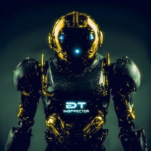 A stylized robotic figure with a dual-colored helmet, predominantly black and gold. The helmet has a sleek design with sharp edges and glowing blue eyes. The robot's chest and shoulder area are also colored in gold, with intricate mechanical details visible. The background is dark, emphasizing the robot's vibrant colors. The word 'BOT INSPECTOR' is prominently displayed below the robot, suggesting its name or the title of a game or project.