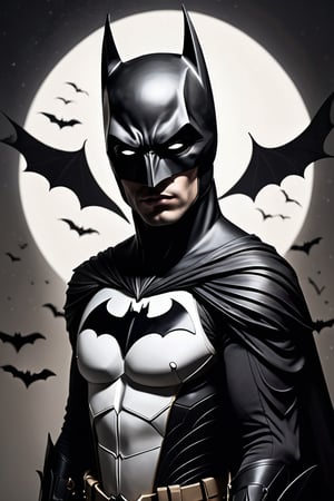 A captivating black fineline art illustration on a pristine white background, featuring the legendary Batman with his iconic outfit and piercing white eyes. The intricate details of his attire, composed of ethereal bats, seamlessly blend a semi-minimalistic aesthetic. Batman's silhouette is elongated, fading into a vanishing point, creating a mystical atmosphere. The overall composition is an otherworldly masterpiece, blending dark fantasy, illustration, portrait photography, fashion, and conceptual art., illustration, portrait photography, fashion, conceptual art, dark fantasy