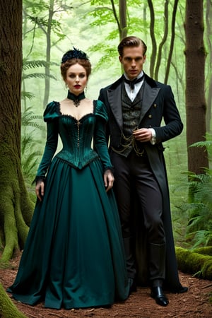 In the style of dark fantasy art, an elegant couple stands amidst a mysterious forest. Victorian style clothing, The mistress exudes an aura of cunning, embodying the essence of the seven sins, while her male servant gazes onward with unwavering loyalty. Rendered with intricate detail, the scene captures a conniving ambiance, inspired by the art of Eric Parker.