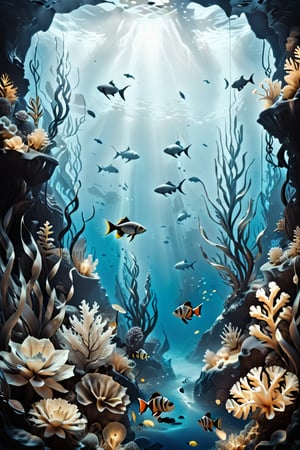in the depths of the ocean, monochrome landscape with plants and fish, in luminescent blue tones