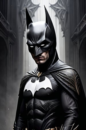 A captivating black fineline art illustration on a pristine white background, featuring the legendary Batman with his iconic outfit and piercing white eyes. The intricate details of his attire, composed of ethereal bats, seamlessly blend a semi-minimalistic aesthetic. Batman's silhouette is elongated, fading into a vanishing point, creating a mystical atmosphere. The overall composition is an otherworldly masterpiece, blending dark fantasy, illustration, portrait photography, fashion, and conceptual art., illustration, portrait photography, fashion, conceptual art, dark fantasy