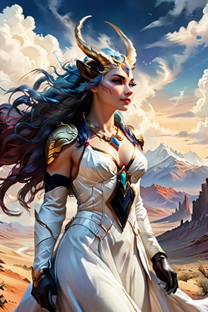 Aurora's Requiem: A majestic woman, adorned in a flowing white gown, stands resolute in a arid desert landscape. Her eyes gleam with an otherworldly intensity as she wears two curved horns on her forehead, reminiscent of celestial guardians. Majestic mountains rise in the distance, their rugged peaks stretching towards the heavens. Above, wispy clouds drift lazily across the cerulean sky. Anato Finnstark's vivid brushstrokes bring forth a world where myth and reality converge. Leesha Hannigan's concept art style infuses this scene with an air of mystique, as if the very fabric of reality is about to unravel. Furry art enthusiasts will revel in the textures and colors that seem to leap from the canvas.