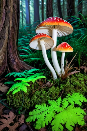 Luminescent mushrooms illuminate a mystical forest floor, casting an ethereal glow on the surrounding flora and fauna. The intricate patterns and vivid colors of high fashion garments create a mesmerizing tapestry of opulence and elegance, each detail carefully designed to captivate the beholder. Whether it's the iridescent sheen of fabric or the precision of embellishments, every element exudes a stunning level of intricacy and craftsmanship., illustration, fashion, conceptual art, wildlife photography