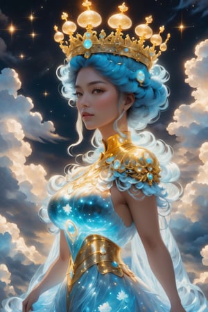 a painting of a woman with a globe in her hair, michael kutsche, artwork in style of sheng lam, voluminous, ceremonial clouds, inspired by Mark Arian, by Xia Chang, highly detailed head, golden edges and fractals, the crown, award-winning render, exalted