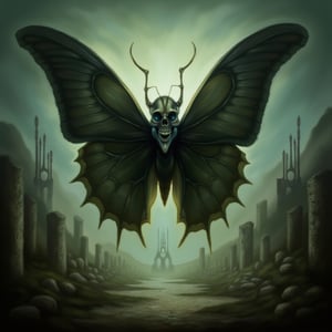 A photo of a scary butterfly monster with a death's head skull design and elongated fangs glistening. The monster has oversized shadowy wings. The background is a desolate post-apocalyptic landscape with eerie mist swirling and gothic architecture ruins. The overall image has a supernatural glow, hauntingly beautiful textures, and intricate patterns on the wings. The ominous ambiance envelops every corner.,art_solyanka,pavsok Style