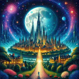 Beyond the Moon, an iridescent city hanging in a sea of stars. The city is composed of crystalline towers that reflect cosmic light. The background contains swirling nebulae. There are glimmering paths of starlight winding through ethereal gardens. The city is inhabited by translucent beings that weave energy. The surfaces contain intricate murals in the style of Escher and Van Gogh. The city is a tapestry of otherworldly beauty under a celestial dome.