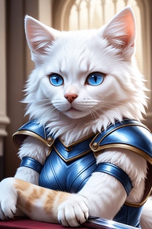 masterpiece,  wookcut,a Woman in her 30´s, Cat, cat like face, blue eyes, black and white fur, lycanthropy, in an Armor, with a sword, 16K, cute face, detailed ,realistic picture, ((full bang)), Fantasy,Realism,toon, extreme realism, intricate details, ultra quality, 8k UHD, claw pose,cat,