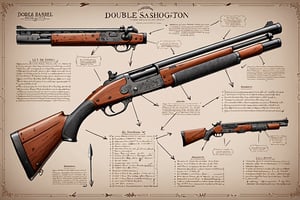 board with a detailed assembly instruction of a double barrel sawn off shotgun, written descriptions, arrows and sketches