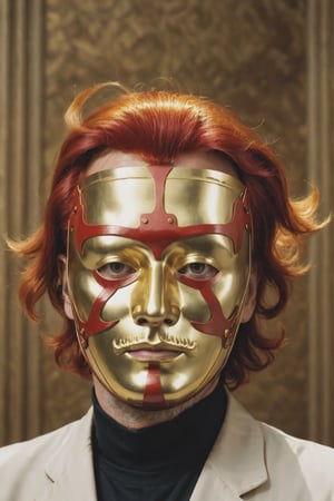 a man wearing a gold mask with red hair , Jodorowsky style