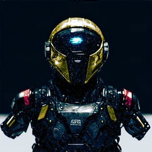 A stylized robotic figure with a dual-colored helmet, predominantly black and gold. The helmet has a sleek design with sharp edges and glowing blue eyes. The robot's chest and shoulder area are also colored in red, with intricate mechanical details visible. The background is dark, emphasizing the robot's vibrant colors. The word 'BOT INSPECTOR' is prominently displayed below the robot, suggesting its name or the title of a game or project.