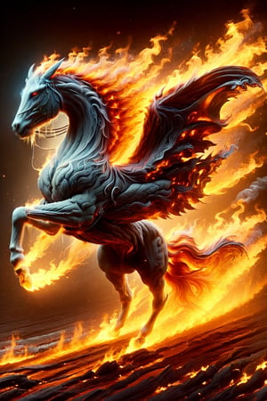 A majestic battlehorse gallops through a fiery inferno, flames engulfing its mane and tail as it rears up on hind legs, nostrils flared and ears laid back, amidst a backdrop of scorched earth and charred trees, the warmth of the blaze illuminating its muscular physique.,Headless Horseman,Mustang,faize,ElementFire