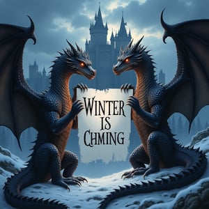 
"Winter is coming" poster, held by two fierce dragons with intricately scaled wings, claws gripping the edges, darkened medieval castle looms in the background with towering spires, stormy clouds swirl above, the atmosphere thick with impending doom, sharp contrasts of fiery dragon eyes against the cold stone battlements, rich, detailed textures reflect a harsh winter landscape.,art_solyanka