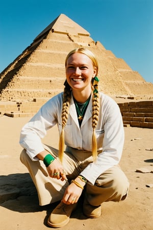 artist Indiana Johns, 1woman, solo, archaeologist, yellow hair, long braids, open forehead, panama hat, khaki suit, green eyes, star-shaped pupils, armband, archaeologist's tools, sun, scorching sun, sweet smile, heavy shoes, against the backdrop of the Cheops pyramid, rarity, antiques, archeology, antiquity, archaeological excavation, divine, radiance, official indiana johns art, stile Indiana Johns