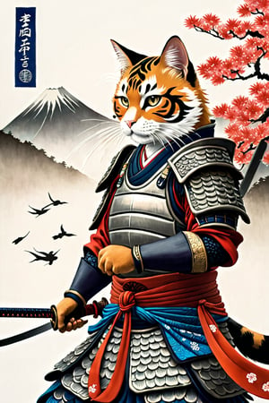 A majestic samurai cat, donning koi-armor and wielding a sword on a pristine white background. The whiskered warrior's piercing gaze is fixed intently upon the delicate fish, its scales glistening in the soft, serene light. Intricate armor plating adorns the feline form, evoking the refined artistry of Kanō Tan'yū and Utagawa Kuniyoshi. Delicately colored hues dance across the composition, as if infused with the gentle wisps of Japanese clouds.,ukiyo_e,japanese,Japanese style rooms, A Traditional Japanese Art
