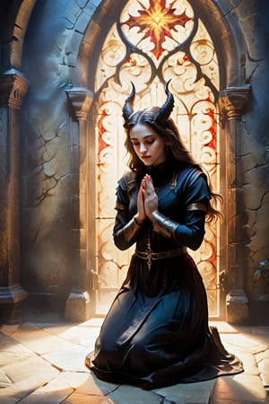 A captivating conceptual illustration of a young woman in monastic attire, kneeling in a devout prayer pose with her hands folded, set against the backdrop of a dimly lit room in a gothic castle. The room's atmosphere is further enhanced by the presence of a sinister-looking devil lurking in the shadows. This striking image, rendered in the style of Odd Nerdrum, evokes a dark fantasy theme with vibrant colors and intricate details. The composition is reminiscent of a cinematic poster or a fine art painting, showcasing the power of dark fantasy and conceptual art., illustration, conceptual art, wildlife photography, photo, painting, vibrant, poster, dark fantasy, cinematic, 3d render