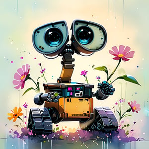 A whimsical still-life captures the tender moment: a WALL-E inspired robot, with expressive large eyes, holds out a small flower as a symbol of friendship and care. The metal body, slightly scratched and worn, adds a touching layer of vulnerability. In the background, soft muted colors evoke warmth and light, focusing attention on the robot's hopeful grasp of a sprouting green stem, representing a brighter future.