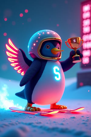 A cinematic-style medium shot of a futuristic, stylized penguin called "Win Penguin". The penguin is wearing a helmet adorned with neon lights and is riding on a pair of neon snowboards. There is a glowing trail behind the penguin. The penguin has a glowing "S" symbol on its chest. The background contains a tournament leaderboard. The penguin holds the neuro-winner's cup with his wings. The overall artwork combines elements of illustration, cinematic design, and photography, creating a bold and vibrant portrait.