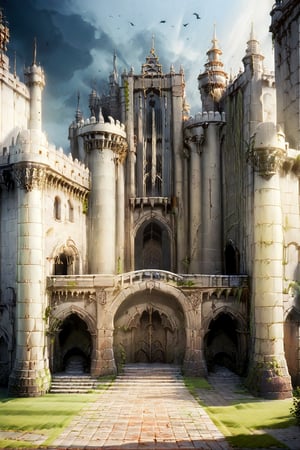 an old Gothic castle, with partially collapsed castle walls, a moat around the castle and an earthen rampart, a descending bridge over the moat, a large gate. Gothic, fantasy, aesthetics, Professional photo, focus on the castle courtyard, ISO- 250