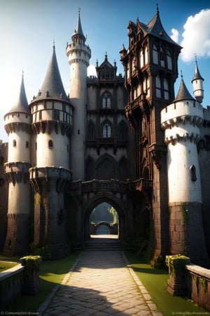 an old Gothic castle, with partially collapsed castle walls, a moat around the castle and an earthen rampart, a descending bridge over the moat, a large gate. Gothic, fantasy, aesthetics, Professional photo, focus on the castle courtyard, ISO- 250