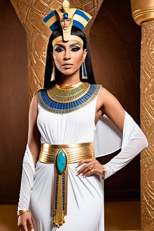 Unleash your inner Egyptian goddess with this Modelshoot Style prompt featuring the legendary Queen Cleopatra. Imagine yourself in a lavish palace, surrounded by lush gardens and fountains, dressed in a stunning white and gold ensemble fit for a queen.