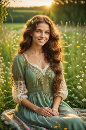 Soft focus captures the serene scene: a young beauty with rich brown locks and piercing green eyes sits amidst a tapestry of wildflowers in a lush meadow. Her gentle smile, reminiscent of a heart's tender curve, radiates warmth as she basks in the soft, golden light of late afternoon. Framed by delicate petals and whisper-thin stems, her Rococo-inspired elegance is a masterpiece of natural beauty.