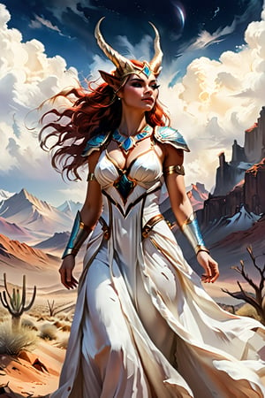 Aurora's Requiem: A majestic woman, adorned in a flowing white gown, stands resolute in a arid desert landscape. Her eyes gleam with an otherworldly intensity as she wears two curved horns on her forehead, reminiscent of celestial guardians. Majestic mountains rise in the distance, their rugged peaks stretching towards the heavens. Above, wispy clouds drift lazily across the cerulean sky. Anato Finnstark's vivid brushstrokes bring forth a world where myth and reality converge. Leesha Hannigan's concept art style infuses this scene with an air of mystique, as if the very fabric of reality is about to unravel. Furry art enthusiasts will revel in the textures and colors that seem to leap from the canvas.