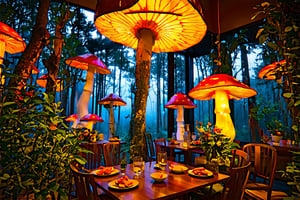 A whimsical, surreal interior space filled with towering, fantastical mushroom-shaped forms in a vibrant palette of earthy tones and iridescent hues.
Imagined in the style of the visionary Austrian artist and architect Friedensreich Hundertwasser, the space exudes a sense of organic wonder and playful, biomorphic elegance.
The viewer is transported into a dreamlike, enchanted realm where the boundaries between nature and design blur, evoking a sense of curiosity and delight.