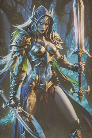 a woman dressed in armor holding a sword, sylvanas windrunner, 2. 5 d cgi anime fantasy artwork, character design : : gothic, 3 d render of a full female body, pale pointed ears, male rogue, the empress’ hanging, unclad, leblanc, promotional images, 32K, fantasy art,DonMD34thKn1gh7XL