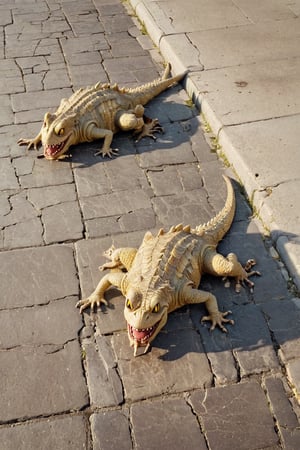 Golden hour sunlight casts a warm glow on worn, cracked pavement as two grotesque creatures take a leisurely stroll, their scaly skin glistening in the soft light. The faded, yellowed tone of Pixart studio's vintage film stock adds an air of nostalgia to this photorealistic depiction of monstrosities enjoying a casual day out.