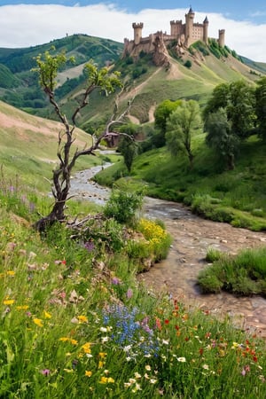 
On the left, an idyllic countryside with rolling hills, vibrant wildflowers, and a tranquil stream; on the right, a desolate wasteland, twisted trees, and a foreboding, shadowy castle perched atop a jagged cliff.
