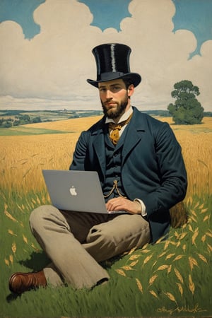 (An exquisite and sophisticated impressionist painting, half-body closeup:1.3) of a nineteenth-century smartly dressed beautiful young man in a jacket, top hat and fancy pants, (sitting in the grass, typing on his Macbook Pro:1.4), on a dirt road amid fields of wheat, BREAK with green ears of wheat moved by the wind, and a few trees on the sides of the road skirting the banks of the ditch separating it from the fields. BREAK A soft mist envelops the fields and gives the image a melancholic and peaceful tone. The sky is blue with imposing cumulonembus formations, with swallows playing in the air, BREAK in the style of Claude Monet, Édouard Manet, Camille Pisarro, Mary Cassatt and Auguste Renoir. BREAK Front view, warm golden hour lighting, (high contrast:1.2), award winning details, vignette, highest quality, detailed and intricate, original artwork, intricate, aesthetic, ink, colorful, greg rutkowski, tintime, crayon, oil paint,