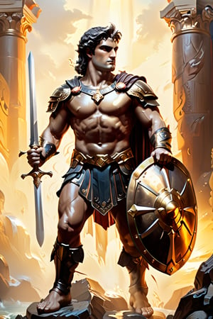 Magnificent Perseus, legendary hero of ancient Greece, stands poised with sword and shield, his chiseled features illuminated by warm golden light, as a rich, velvety chocolate figure begins to melt beneath him. The camera captures the scene in stunning high-definition, with meticulous attention to detail and compositional harmony. In the style of Boris Vallejo, the image exudes mythological grandeur, inviting the viewer to step into an realm of wonder and enchantment.