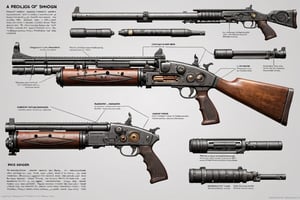 A detailed diagram of a revolving shotgun is presented, showing its various parts and mechanisms. The gun is shown in section, the barrel and other components are clearly visible. Displays of used ammunition