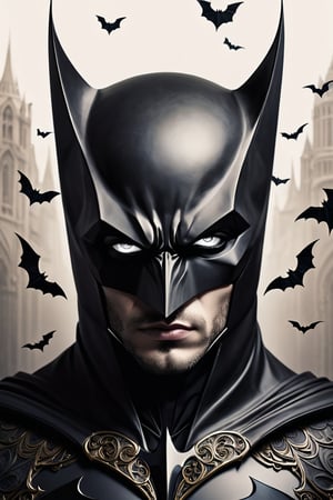 A captivating black fineline art illustration on a pristine white background, featuring the legendary Batman with his iconic outfit and piercing white eyes. The intricate details of his attire, composed of ethereal bats, seamlessly blend a semi-minimalistic aesthetic. Batman's silhouette is elongated, fading into a vanishing point, creating a mystical atmosphere. The overall composition is an otherworldly masterpiece, blending dark fantasy, illustration, portrait photography, fashion, and conceptual art., illustration, portrait photography, fashion, conceptual art, dark fantasy