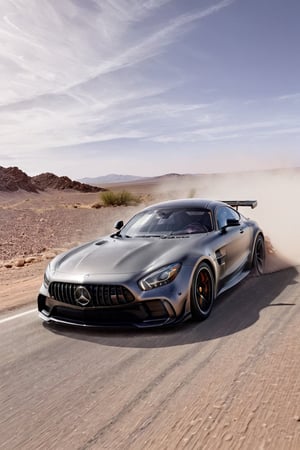 A gunmetal grey Mercedes AMG GT Black Series blasts down a deserted desert highway, kicking up a cloud of dust in its wake. The car is captured in a moment of exhilarating speed, with motion blur emphasizing its dynamic lines and powerful engine. Extremely Realistic