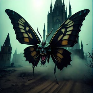 A photo of a scary butterfly monster with a death's head skull design and elongated fangs glistening. The monster has oversized shadowy wings. The background is a desolate post-apocalyptic landscape with eerie mist swirling and gothic architecture ruins. The overall image has a supernatural glow, hauntingly beautiful textures, and intricate patterns on the wings. The ominous ambiance envelops every corner.