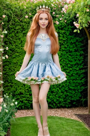 A young girl in a magnificent short dress and crown stands in a blooming garden. She has long red hair, blue eyes and a gentle blush on her cheeks. She spread her legs wide and lifted her skirt. Shows vagina. The image was made with love and skill, is a real masterpiece that conveys all her beauty and innocence.