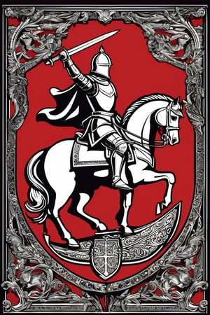 A striking illustration of a heraldic shield featuring a knight on horseback, rendered in a linear style with black outlines on a red background. The knight wears medieval armor and a closed helmet, with delicate twists mimicking a cloak and elements of his attire. The armored horse is in a dynamic pose, lifting its front legs, adding movement to the image. A ribbon beneath the shield reads "Korsow." This captivating piece showcases elements of dark fantasy, cinematography,