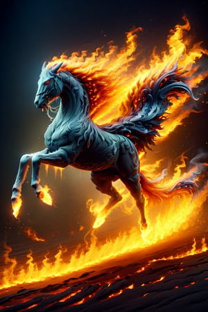 A majestic battlehorse gallops through a fiery inferno, flames engulfing its mane and tail as it rears up on hind legs, nostrils flared and ears laid back, amidst a backdrop of scorched earth and charred trees, the warmth of the blaze illuminating its muscular physique.,Headless Horseman,Mustang,faize,ElementFire