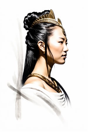 Sumi-E style of just the profile of an inner goddess in warrior outfit in their power no background,  studio lighting